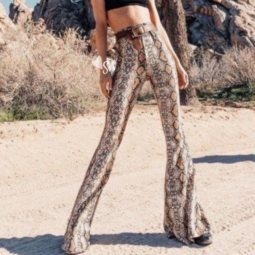 snake skin print flared wide leg pants brown tan